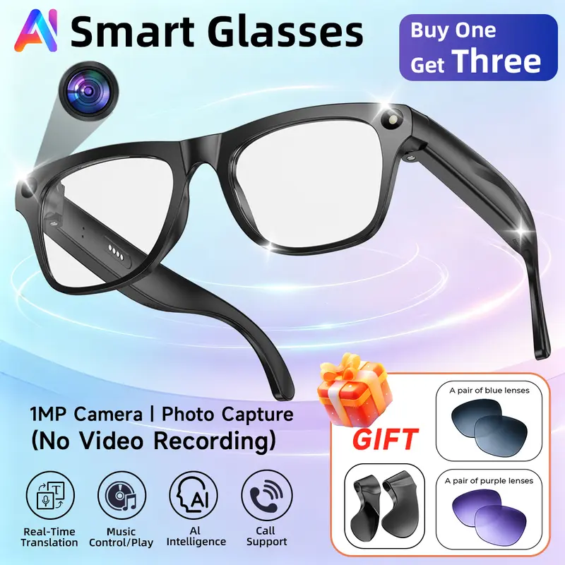 SIMSONLAB 2026 New Wearable Smart AI Camera Glasses - Casual Photochromic Lenses, Ear Support, Wireless Sports Recording Glasses with Photo Capture, Real-Time Multi-Language Translation, BT Music, 260mAh Battery, iPhone & Android Compatible Gift