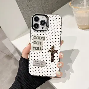Vintage Christian Faith Quote God's Got You Leopard Print Cross White Polka Dot Phone Case Shock Absorbing Anti-Drop Anti-Scratch Non-Slip Protective Shell Dual Frame Optional Fit iPhone 11/12/13/14/15/16/17