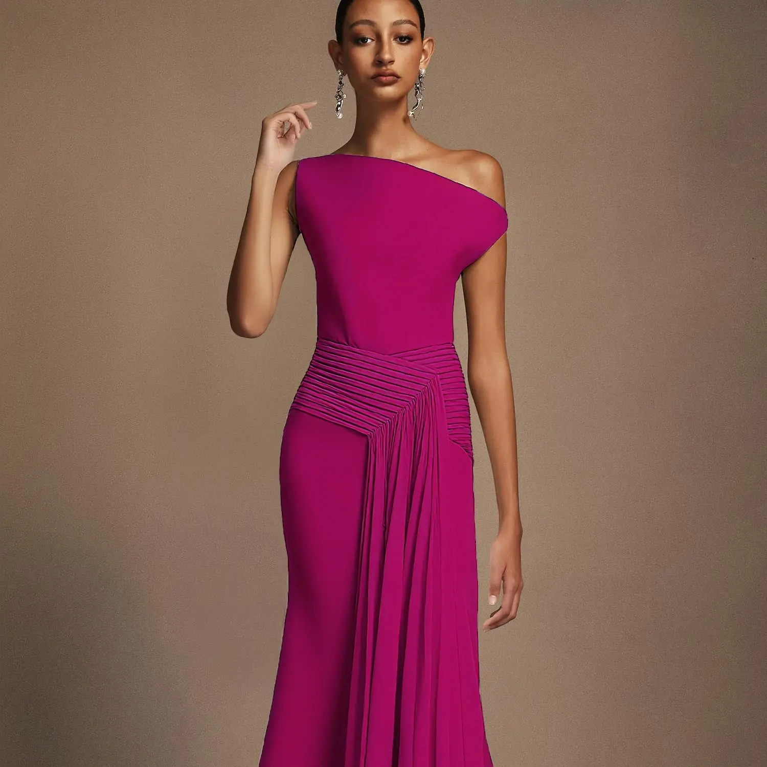 BellaBarnett Paulina Oblique Shoulder Sleeveless Folds RosePink Midi Dress  - TikTok Shop