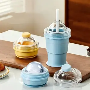 2-in-1 Collapsible Silicone Ice Ball Maker Cup, Reusable Portable Ice Sphere Mold with Straw & Lid, Easy Demolding, Leakproof Travel Tumbler for Coffee, Juice, Home, Gym, Outdoor