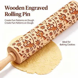 1pc 13.78in Cute kitty Pattern Christmas EmbossedWooden Rolling Pin for Baking, Deep Engraved ChristmasCookie Cutter Embossed Cookies, Cute Kitchen Decor DIYTool, Suitable as a Christmas, Thanksgiving, Mother's Day,or party gift
