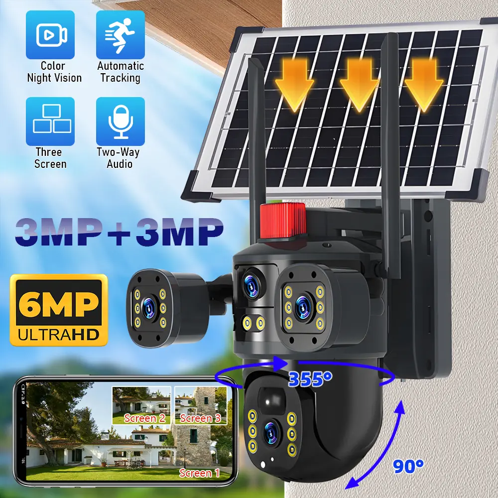 Solar Powered 6MP UltraHD Security Camera with 355° Pan 90° Tilt 3MP+3MP Dual Lens Color Night Vision Automatic Tracking Two-Way Audio Three Screen Display