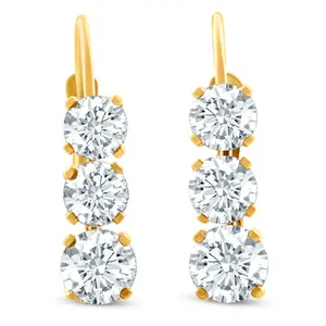 1 1/2Ct 3-Stone Diamond Leverback Hoops Women's Earrings 14k Gold 1/2" Tall Lab