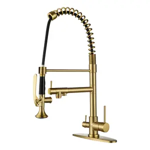 WOWOW Double-Handles Pull Down Sprayer Kitchen Faucet with Drinking Water for 1 or 3 Hole in Solid Brass in Brushed Gold