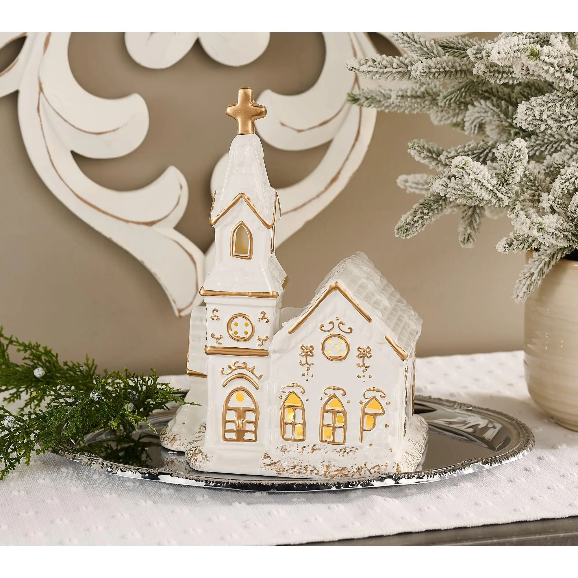 Illuminated Ceramic Church with Metallic Detail by Valerie Illuminated Ceramic Church with Metallic Detail by Valerie