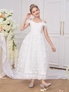 7-12Y White 0103 Kids Clothes Flower Girls Princess Long Ball Gown Embroidered Lace Ball Gown Frock Children Formal Evening Party Banquet Pageant Prom Host Cocktail Dress