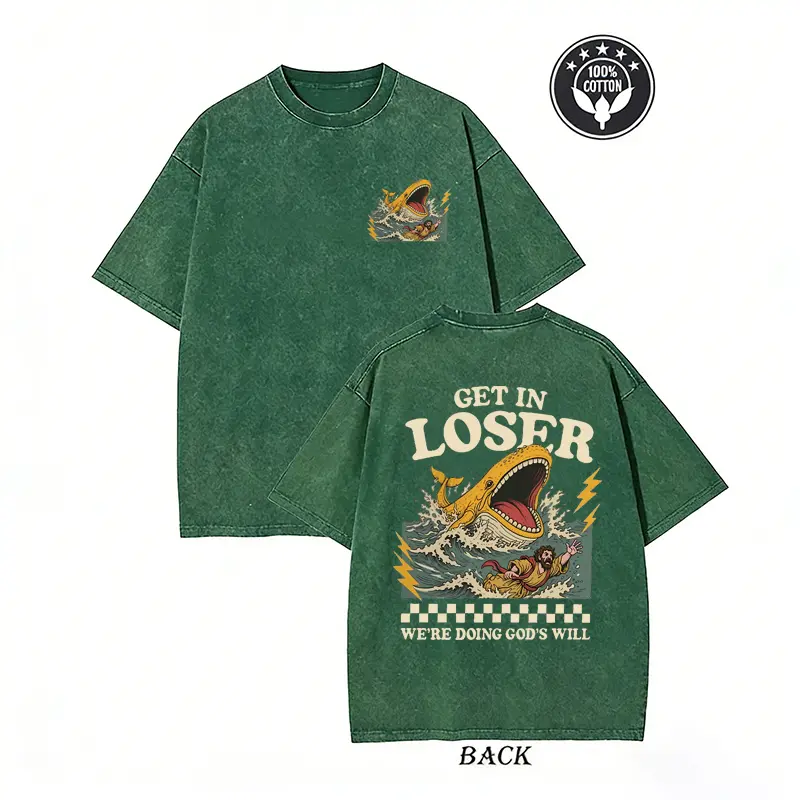 Women's Oversized Short-Sleeve Cotton T-Shirt - Funny 'Get In Loser We're Doing God's Will' Jonah & Whale Washed, Breathable Fabric, Christian Humor Streetwear, Vintage Christian Gift Top, Shortsleeve, Unisex