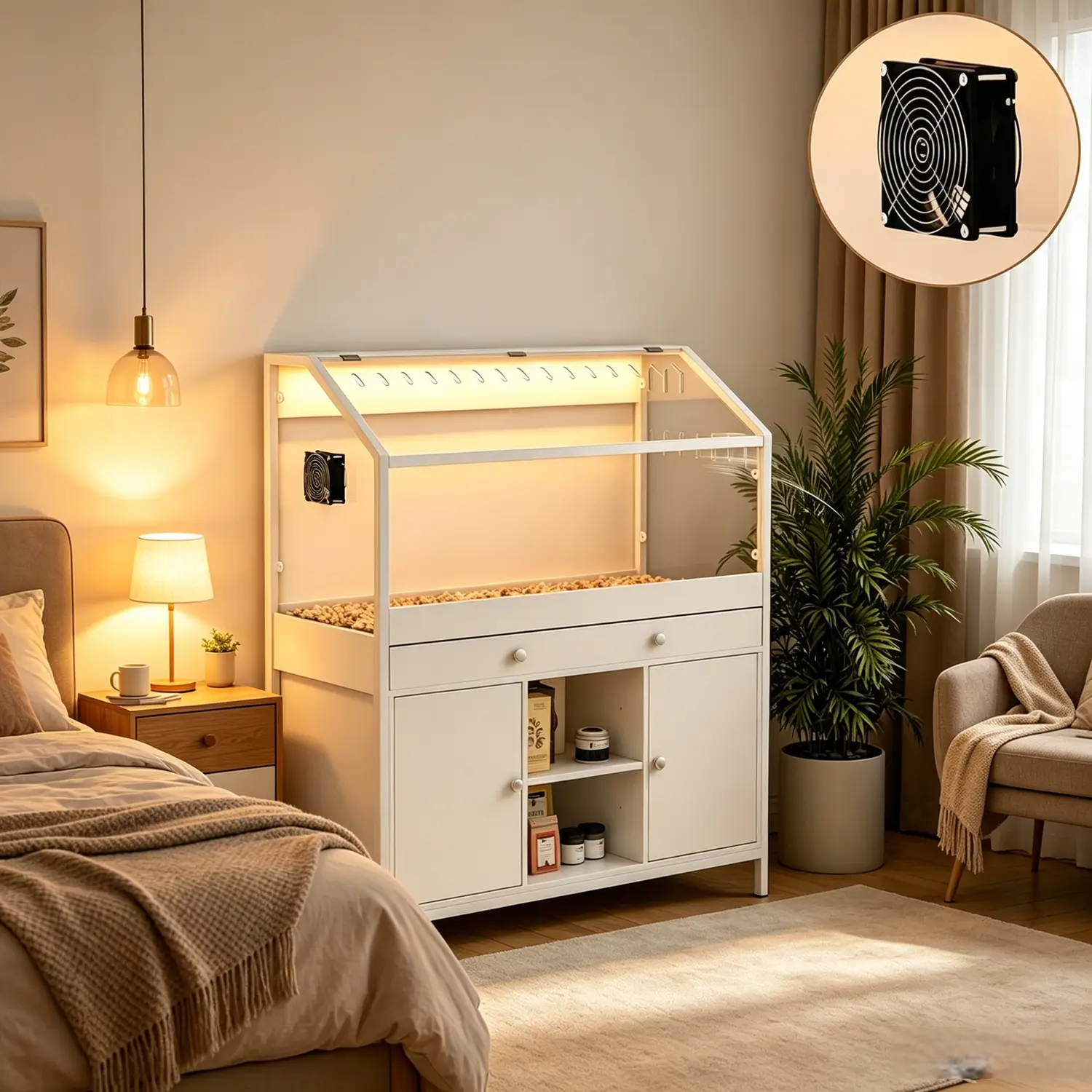 Large Hamster Cage with Storage Cabinet 2.0,43.3"Hamster Cages and Habitats with LED Lights and Fan,Easy View Acrylic Panel for Guinea Pig,Ferret,Rat,Hedgehog