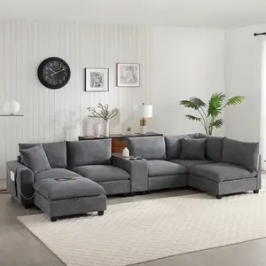ARCH 139'' U-shaped Modular Sectional Sofa with Console, Oversized L-Shaped Corduroy Couch with Wide Seat, USB Charger, Cup Holders, Movable Ottoman, Storage Pockets, 6 Seat for Living Room