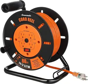 Retractable Extension Cord Reel, 80FT Heavy Duty Open Cord Reel for Indoor Outdoor, 14/3 AWG SJTW, 4 Grounded Outlets, 13 Amp Circuit Breaker,Handle Rewind, Metal Stand, ETL Listed