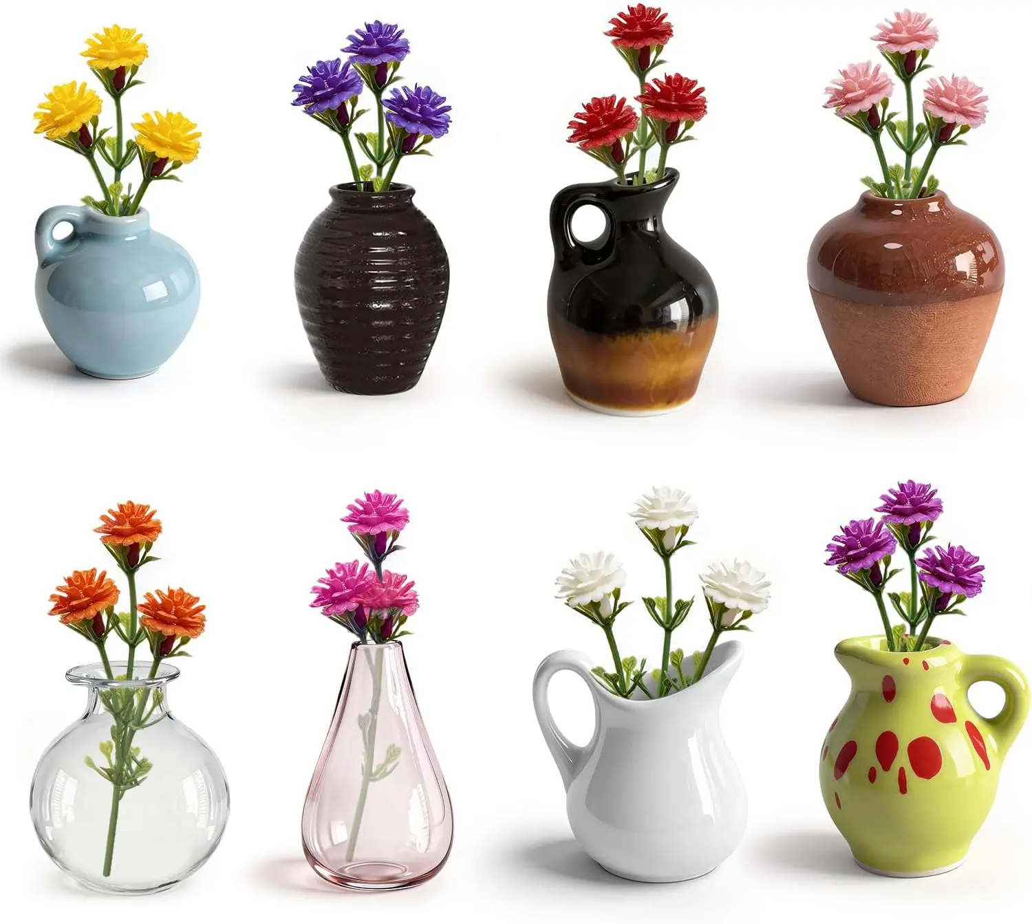8-Pack Decorative Magnetic Cute Mini Ceramic Vase Fridge Magnets - 3D Vibrant Glass-Accent Artwork, Modern Home Supplies for Fridge, Kitchen Locker, Valentines Day Gifts for Coworkers, Mother's Day