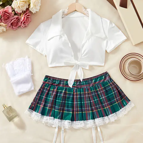 Women's Sweet Campus-Style Cosplay Clothes Set, Womenswear Lace-Up White Shirt + Plaid Pleated half Skirt + Lace Stockings for Halloween, Christmas summer cute party outfit slim-fit crop top two-piece short casual matching high waist mini short hot shot