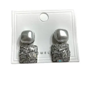 Smooth Square Design Cushion Cut Pearl Earrings In Silver Filled With Stones