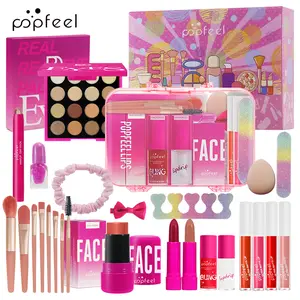 POPFEEL Complete Beginner Makeup Set - All-in-One Kit with Smudge-Proof Eyeshadow Stick, Cleanser & Hairband for Stage, Photography, Dance & Travel, Ideal Light Makeup Gift for Students
