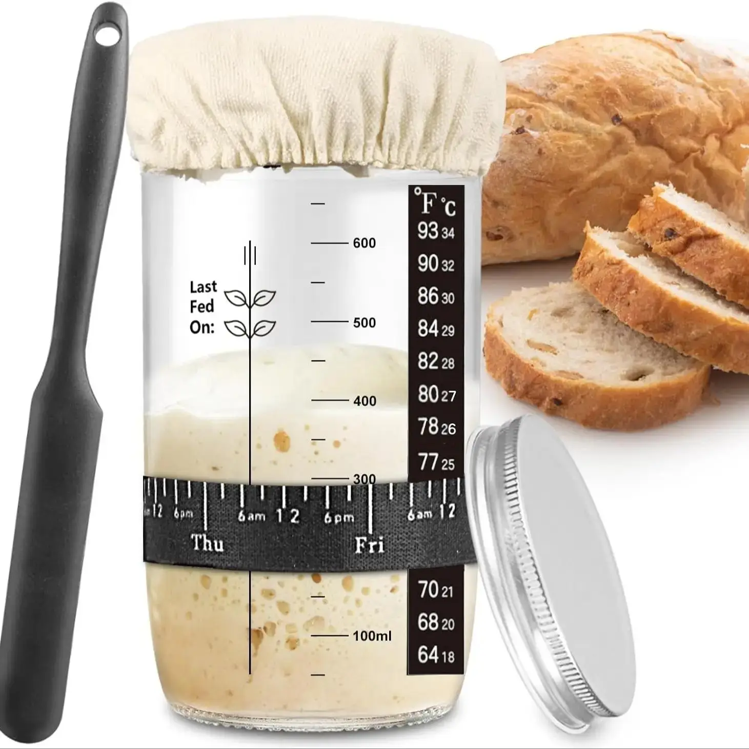Sourdough Starter Jar & Accessories, 1 Set Glass Sourdough Starter Jar Kit, Including Jar, Temperature Guide, Date Ring, Scraper & Lid, Baking Utensil