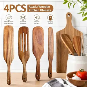 Spurtle Set of 4, Natural Acacia Wooden Kitchen Utensils, Wooden Spoons for Cooking Stirring Mixing Serving, Non Stick Cookware Safe Spurtles, as Seen on TV, Eco Friendly Wood Utensils for Home Kitchen