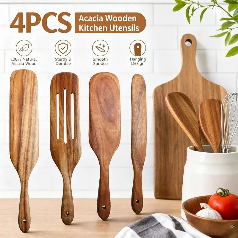4pcs Acacia Wooden Spurtle & Spatula Set with Long Handle - Blade-Included Kitchen Utensils for Stirring, Non-Stick Cookware Safe, Eco-Friendly, As Seen on TV, Ideal for Home Kitchen Use