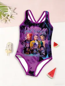 Girls' Swimwear K-Pop Heart Graffiti Instant Noodle Print Cross Strap Jumpsuit, Casual Fitted Summer Swimsuit for Kids