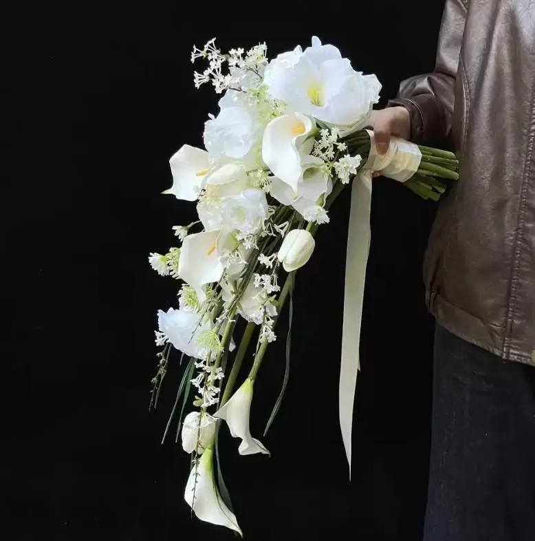 Cascading Bridal Bouquet, Teardrop Waterfall Wedding Flowers, Real Touch Silk Bouquet for Bride