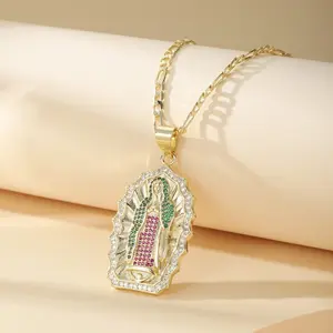 14K Gold-Plated Figaro Chain for Women (23.62 Inches) Virgen de Guadalupe Pendant Necklace Faith & Culture Jewelry Baptism & Confirmation Gift for Her
