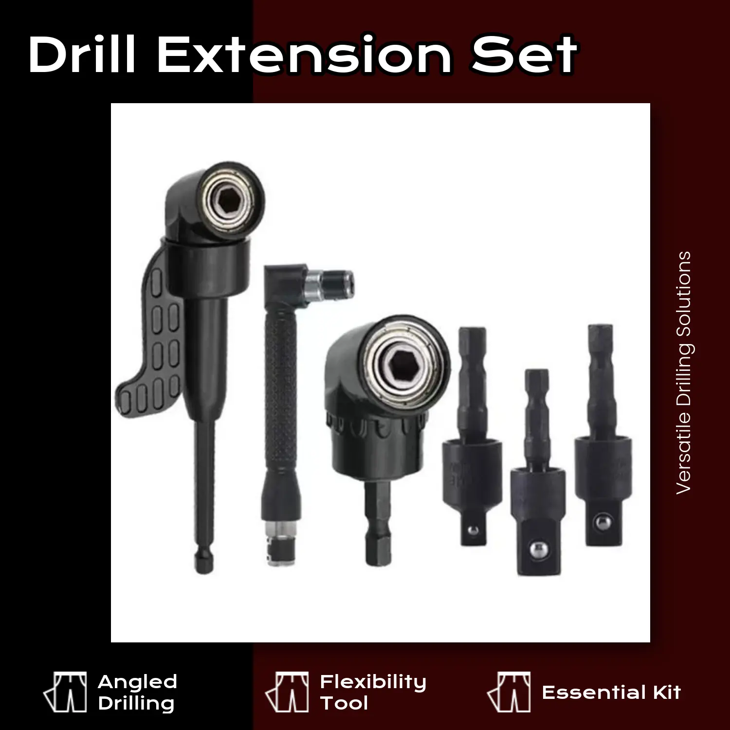 #dealsforyoudays 6-Piece Flexible Drill Extension Set, including 3 rotating sleeve adapters, 2 hex-shank 105° right-angle drill attachments, and 1 90° elbow