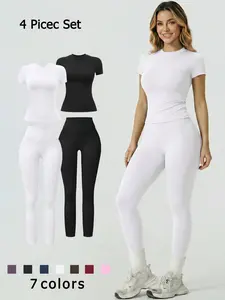Women's 4 Piece Set Solid Color Short Sleeve Long Pants Sports Set High Stretch Tummy Control Butt Lifting Pilates Yoga Set Crew Neck Nylon Fabric Outdoor Running Gym Training Soft Tight Fit Versatile Breathable Comfortable Activewear Pants