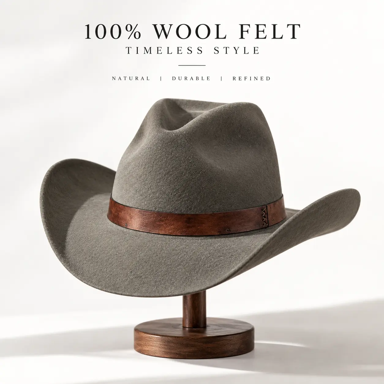 100% Wool Felt Cowboy Hat for Men & Women, Unisex Western Wide Brim Rancher Hat with Brown Band, Pinch Front Crown Cowgirl Hat for Rodeo, Country Concerts & Western Wear
