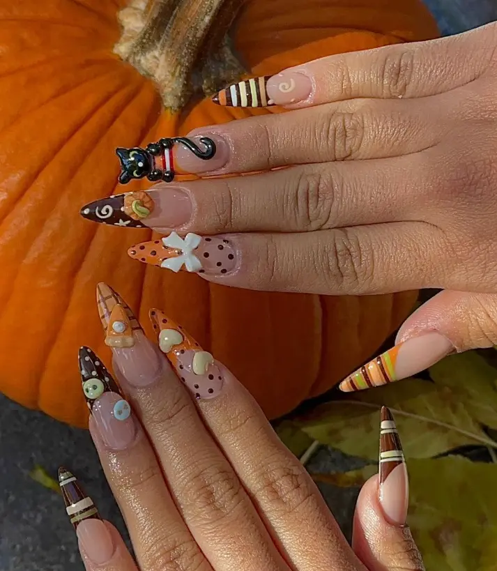 Halloween Fall Theme Press On Nails, 3D Black Cat and Pumpkin Stiletto Fake Nails, Autumn Plaid Reusable Gel Nails