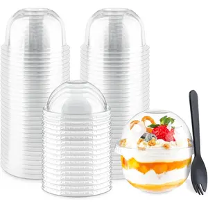 50 Pack 9 oz Plastic Dessert Cups with Dome Lids (No Hole) and Sporks, Clear Disposable Fruit Cups with Lids for Yogurt Parfait Ice Creams Pudding Cakes