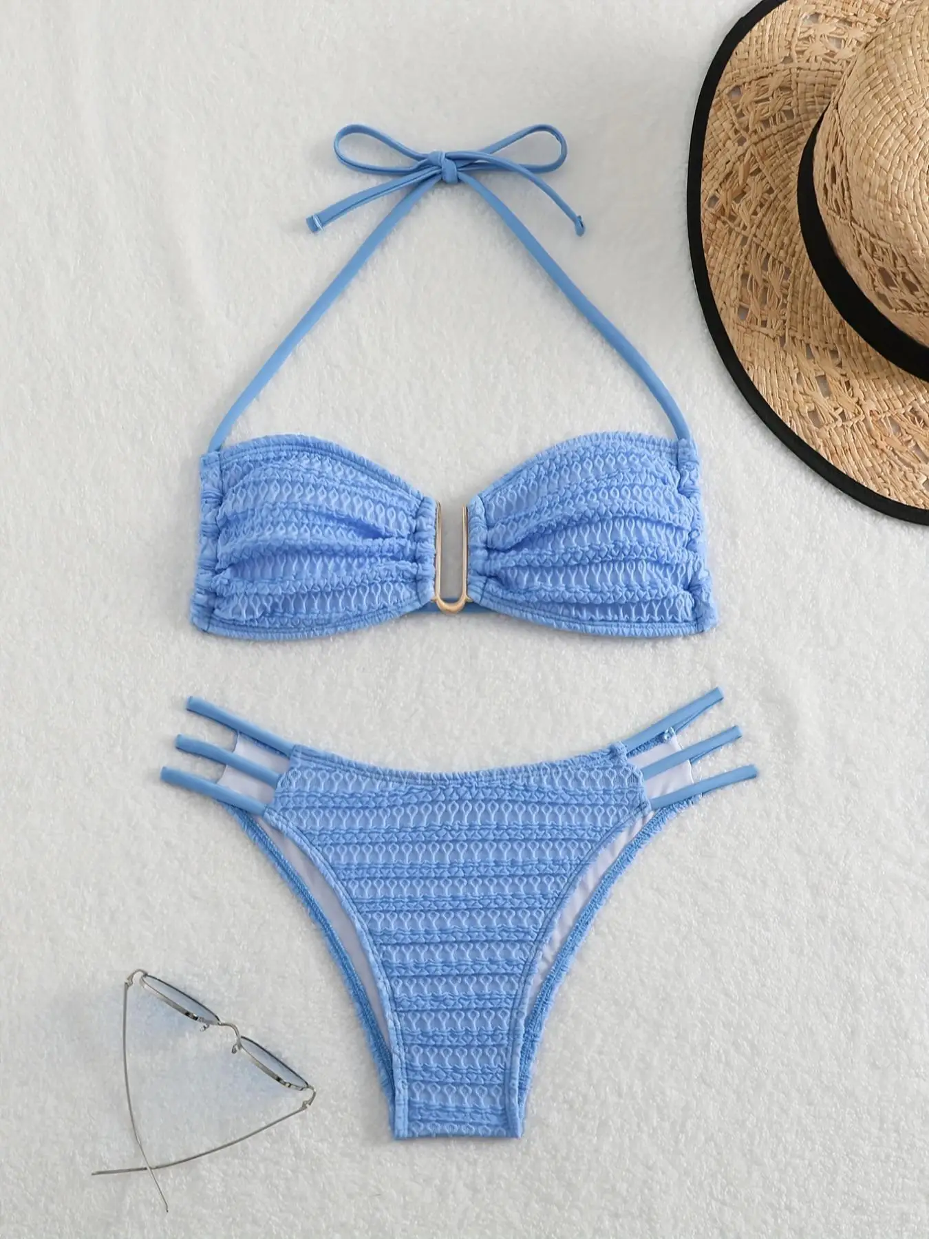 Women's Textured Halter Bikini Sets, Solid Cut Out U Shape Linked Tie Back Swim Top & Cut Out Swim Bottom, Swimsuit for Women, Bathing Suits Women, La