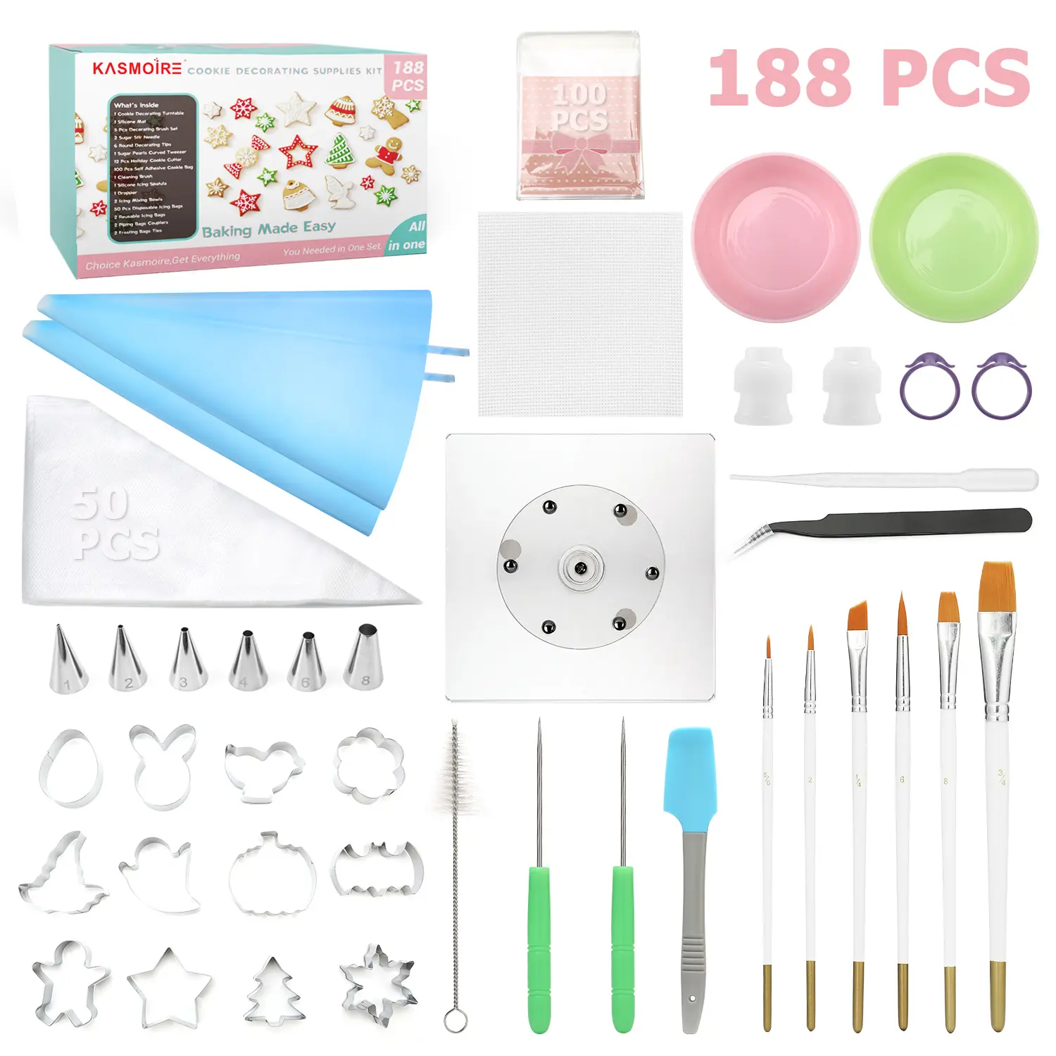 188pcs Cookie Decorating Supplies Kit(ALL-IN-ONE),with 12pcs holiday cookie cutter,Mixing Tools,Piping Tools,Decorating Tools and 100pcs Cookies Bags for Beginners and Decorator Bakeware Xmas