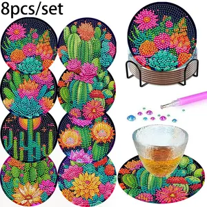 Set of 8 Diamond Coasters, Floral and Plant Art Patterns, DIY Diamond Wood Coasters, Insulated and Non-Slip, Mosaic Wooden Decorations