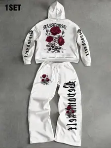 Dark Rose Aesthetic 2-Piece Tracksuit Set, Sportswear Set, White Oversized Hoodie + Baggy Pants with Gothic Font & Red Rose Prints, Alt Fashion, Streetwear Vibes, Cozy