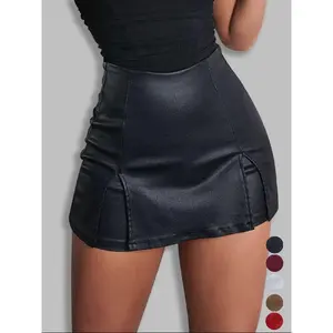 Women's Split Hem High Waist Skinny Pu Shorts, Casual Fitted Stretchy Zip Back Faux Leather Skort for Holiday Club Daily Wear, Summer Shorts, Lady Bottoms for All Seasons, Going Out Bottoms, Womenswear, Feminine, Casual Fashionable Shorts