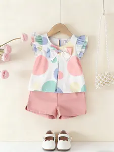 Cute Girl Summer Set, Top with Colorful Polka Dots, Sweet Butterfly Knot, Shorts, Casual Kids Clothing, Casual Outfit Set, Casual Fashion Set