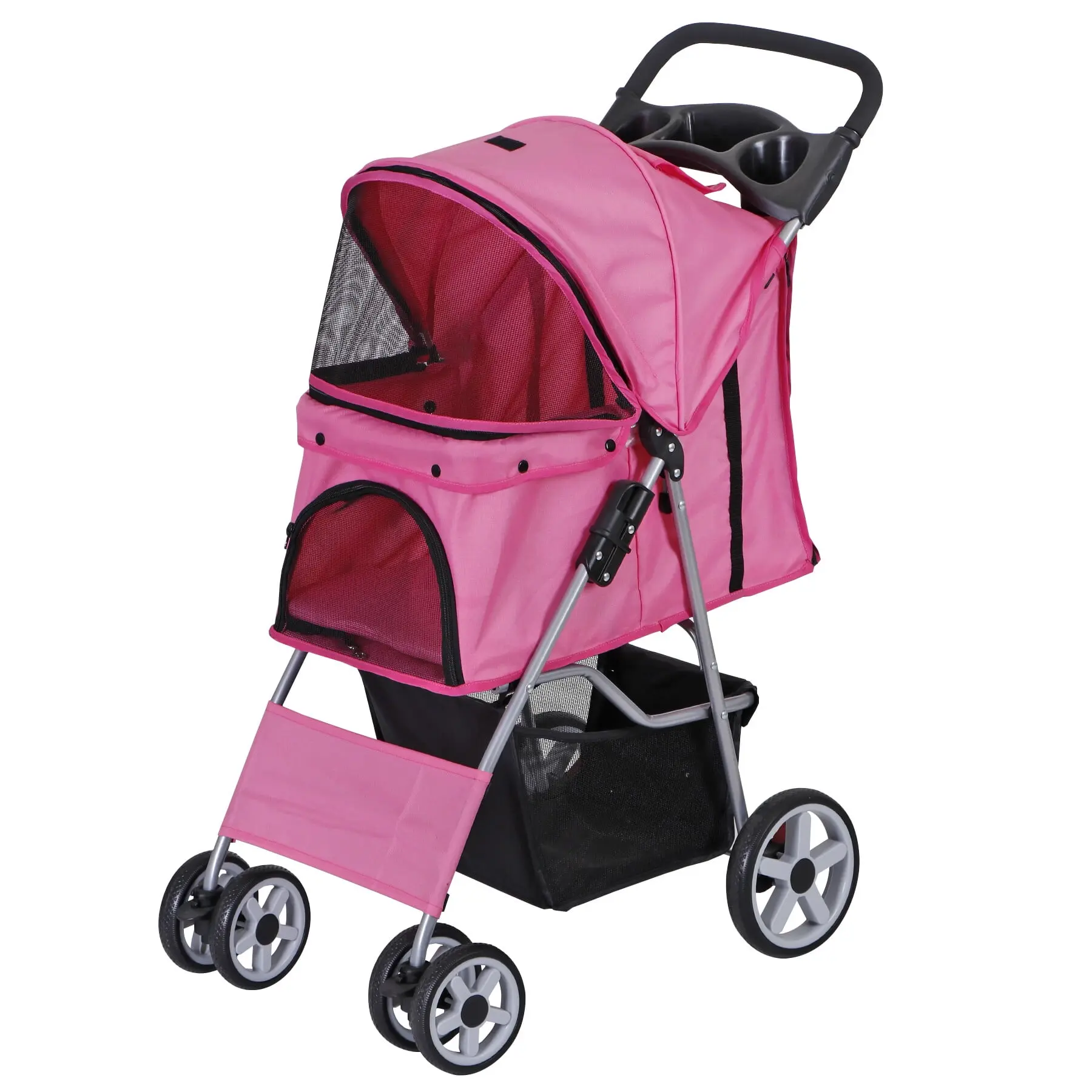 SUPERDEAL 4-Wheel Foldable Pet Stroller Carrier Cart for Cats and Dogs - Folds Easily, Oxford Cloth, Ventilation Mesh, Weatherproof, with Storage Basket, Pink, Stable Design