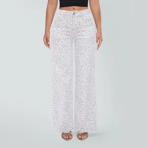 Magic ONESO Mid-Low Rise Baggy Wide Leg Jeans for Women Stretchy Distressed Denim Pants with Leopard Print BBL Tummy Control Curve Hugging Fit for Plus Size