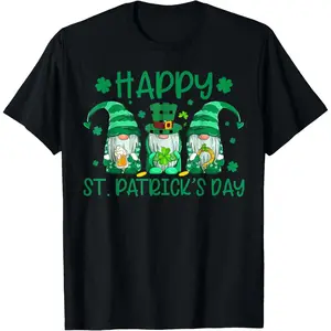 Cute Cartoon Irish Gnome Clover Lucky Gold Coin St Paddy’s Day Casual Graphic Tee