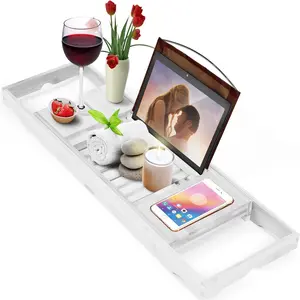Luxury Bamboo Bath Tray for Bathtub - Expandable Bathroom Caddy with Reading Rack & Tablet Holder, Premium Bath Tray with Wine Glass Holder, Fits All Bathtubs (White)