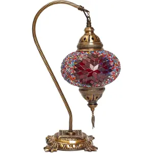 Turkish Mosaic Swirl Lamp - Handcrafted 15" Multicolor Artisan Table Lamp, Moroccan Lantern Style, Green Stained Glass, Curved Bronze Base, LED Bulb Included