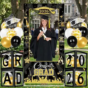 2026 Graduation Photo Booth Props: Graduation Decorations 2026 Set with Graduation Photo Backdrop Grad Boxes Latex Balloons Star Foil Balloons for High School College Grad Party Pzhgoct