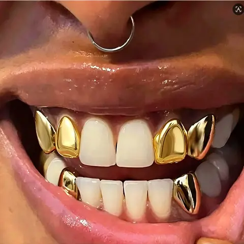 Women's 4 Hip-Hop Gold Pieces Set - 18K Gold Plated Brass Upper Jaw Tooth Caps, 10g Comfort-Fit Multi-Pack Dental Accessories for Adults, Rapper Outfit Accessory (Beauty & Personal Care)