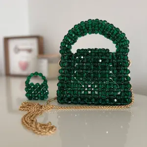 Handmade Deep Emerald Green Acrylic Beads Bag with Gold Chain Strap Beautiful Design