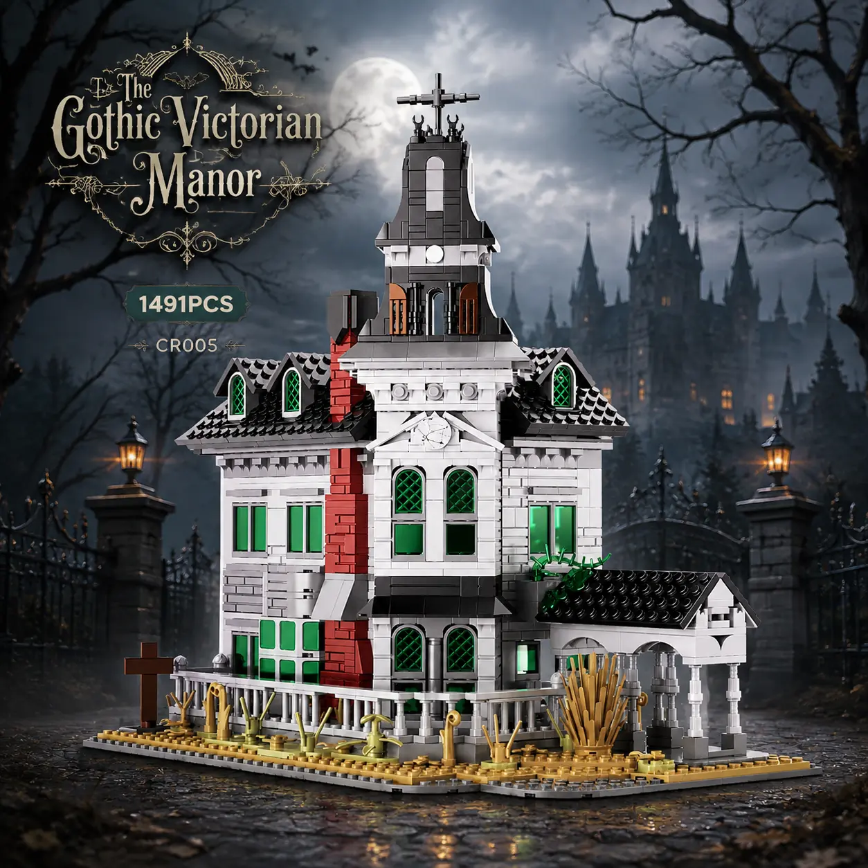 The Gothic Victorian Manor Building Block Set - Victorian-style dark mansion model kit, a buildable haunted house family estate toy with double-layer 3D construction, Compatible Building Bricks for Adults Kids 8+