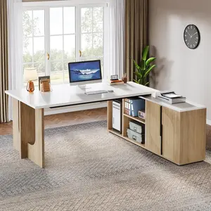 LITTLE TREE 74.8 Inch Executive Desk, Large Office Desk with Cabinet, L Shaped Computer Desk with Shelves and CPU Storage, Modern Home Office Desks Business Furniture Workstation Set