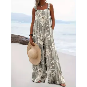 Spring/Summer Vacation Style Loose Women'S Floral Print Overalls Jumpsuits And Rompers For Women Fabric Womenswear