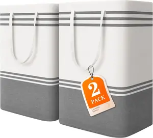 2 Pack Large Laundry Baskets, Laundry Hampers, Freestanding Waterproof Collapsible Clothes Bag with Extended & Reinforced Handles - Clothes Basket for Dorm, Bathroom, Home (Light Grey)