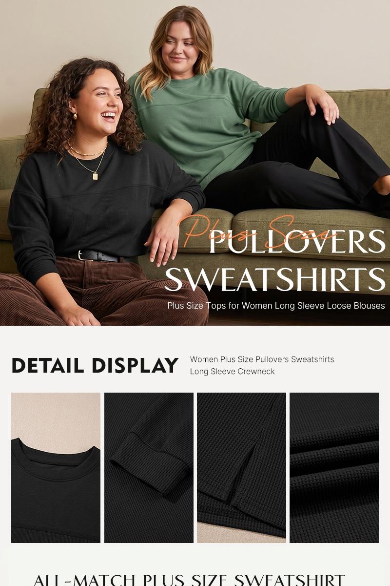 Eytino Womens Plus Size Sweatshirt Long Sleeve Crewneck Waffle Knit Casual Loose Fit Oversized Pullover Shirts Tops(1X-5X)
