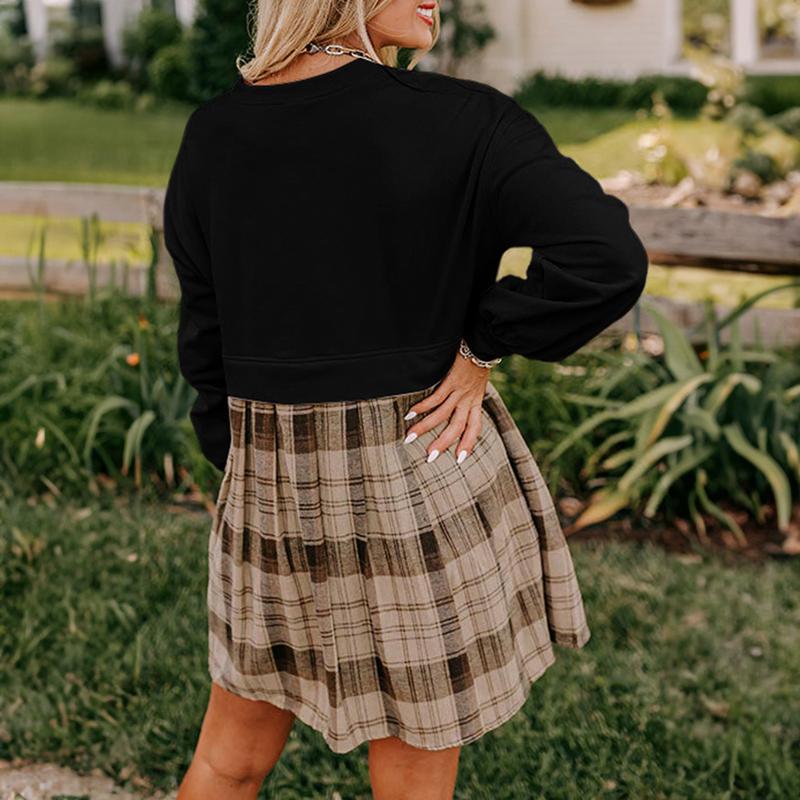 Beige Plaid Patchwork High Waist Sweatshirt Mini Dress For Women