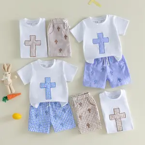 2Pcs Toddler Boy Easter Outfits Short Sleeve Crew Neck Cross Embroidery Tops and Elastic Waist Shorts Set